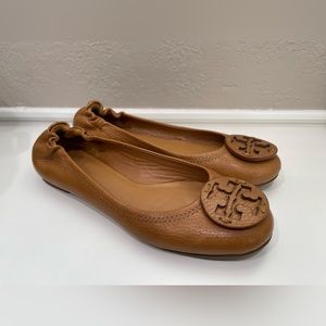 Tory Burch Minnie Travel Ballet Flats Shoes Size 7 M Tan Beige Brown Leather